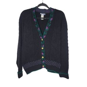 Vintage 80s Floral Flower Cardigan Sweater in Purple Black Green Size Large